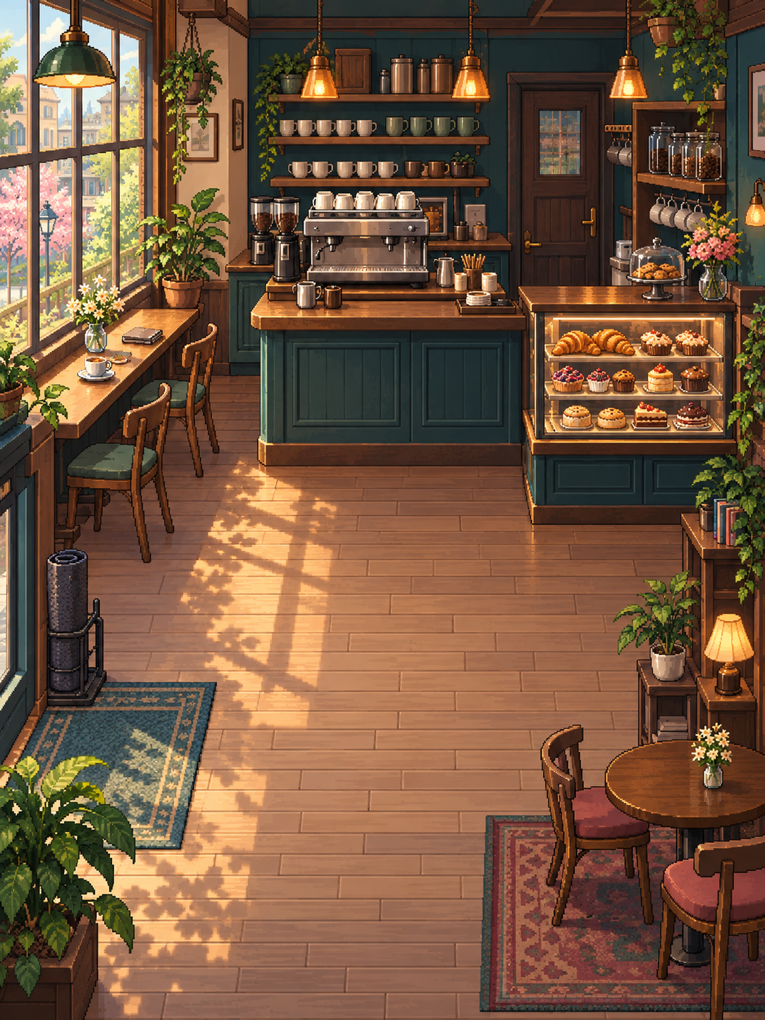 Cosy pixel art coffee shop interior